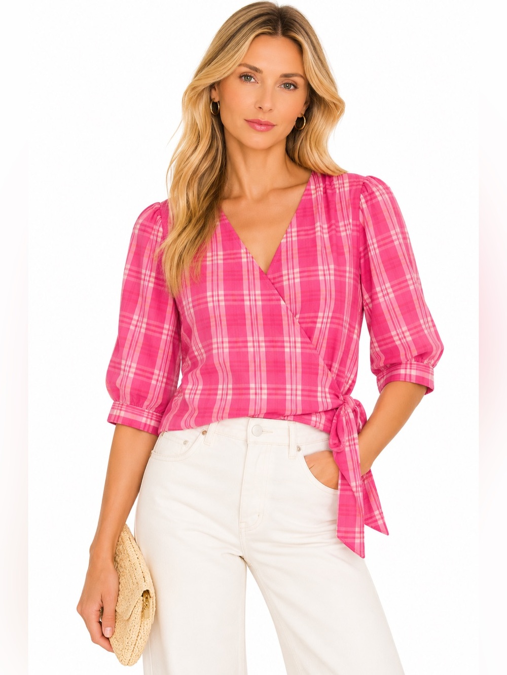 A.n.a. Pink plaid 3/4 sleeve blouse size medium new Checkered Wrap Blouse